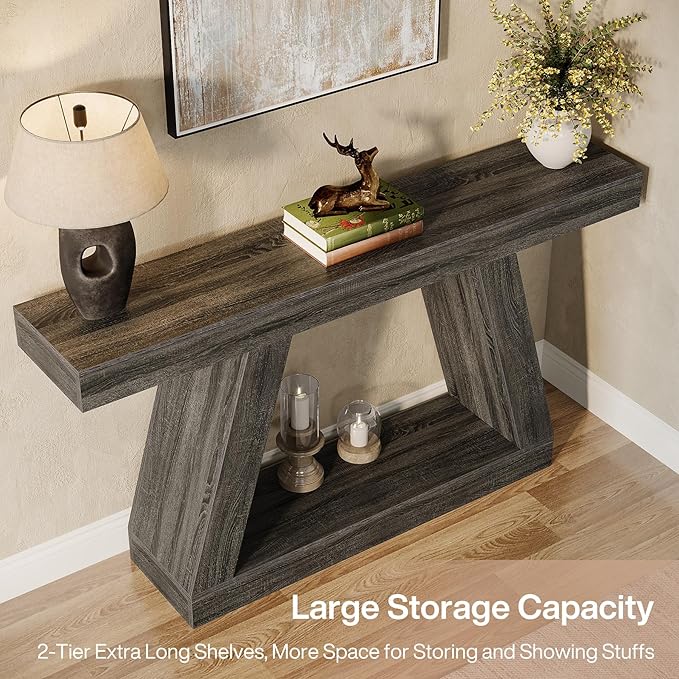Tribesigns Farmhouse Console Table, 55-Inch Rustic Sofa Table with Storage, Industrial Wooden Entryway Table for Hallway, Living Room, Gray