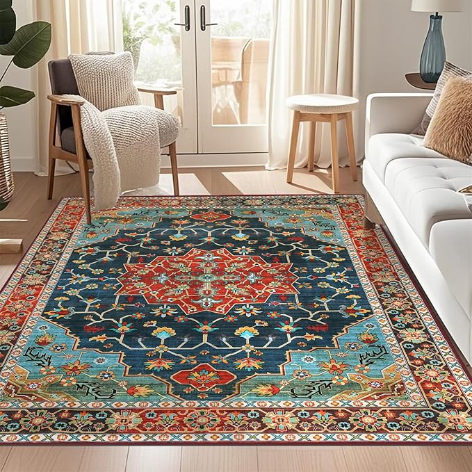 WILLSUN Washable Area Rugs, 5x7 Non-Slip Boho Large Area Rugs for Living Room, Bedroom, Machine Washable Vintage Rug, Indoor Floral Print Carpet for Home Decor, Kid & Pet Friendly Mat
