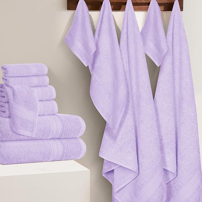 BOUTIQUO 24 Pack Cotton Towel Set, Contains 6 Bath Towels 27x54 inch, 6 Hand Towels 16x24 inch & 12 Wash Coths 12x12 inch, Ideal Everyday use, Ultra Soft Compact & Lightweight - Purple