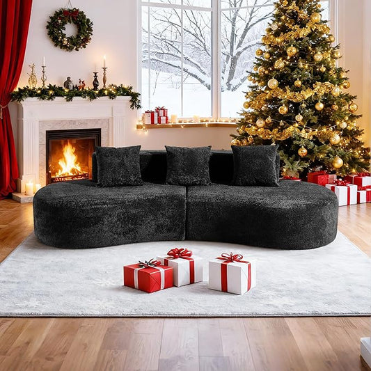 109'' Curved Couch, Mid Century Modern Half Moon Sofa, Luxury 3-Seat Couch with High-Density Foam Filled, Raindrop Velvet Fabric Sectional Sofa for Living Room, Apartment, Office, Black