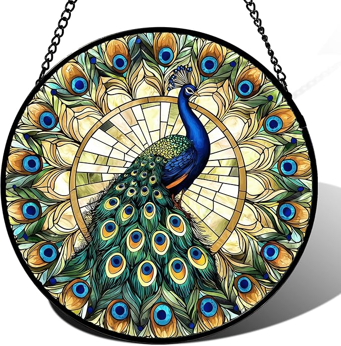 Stained Glass Window Hanging - Retro Peacock Decoration Suncatcher for Door Garden Home Bird Feather Sun Catchers Christmas Mother's Day Birthday Gifts for Women Men Mom Nana Friend 14.9 in