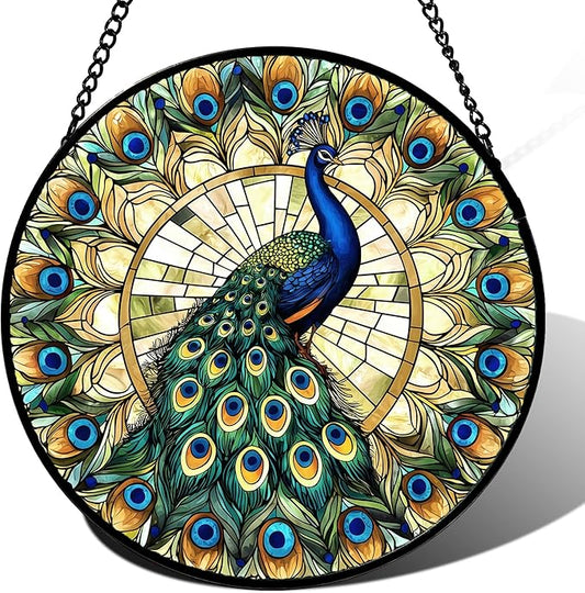 Stained Glass Window Hanging - Retro Peacock Decoration Suncatcher for Door Garden Home Bird Feather Sun Catchers Christmas Mother's Day Birthday Gifts for Women Men Mom Nana Friend 14.9 in