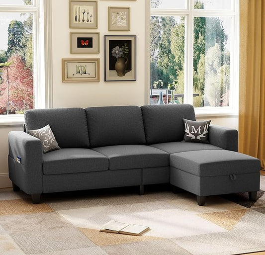 Sectional Sofa Couches for Living Room, 78'' Dark Grey 3 Seater L-Shaped Couch with Storage Ottoman, Comfy Fabric Convertible Sectionals Sofas with Chaise for Apartment, Office, Small Space