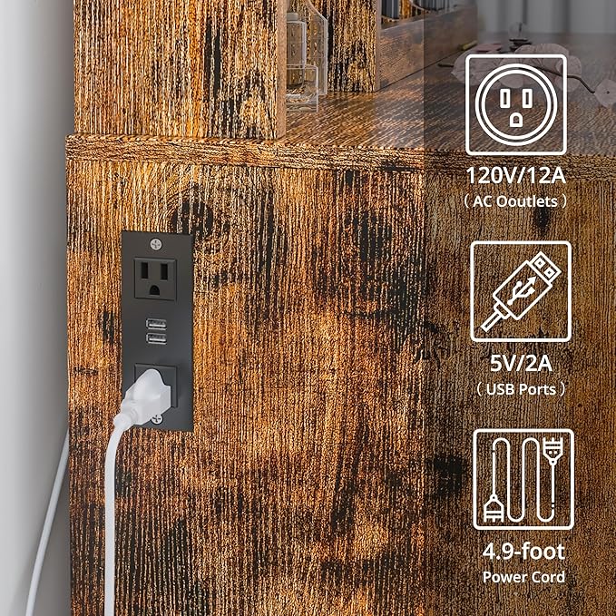 IRONCK Vanity Desk with LED Lighted Mirror & Power Outlet, Makeup Table with Drawers & Cabinet,Storage Stool,for Bedroom, Vintage Brown