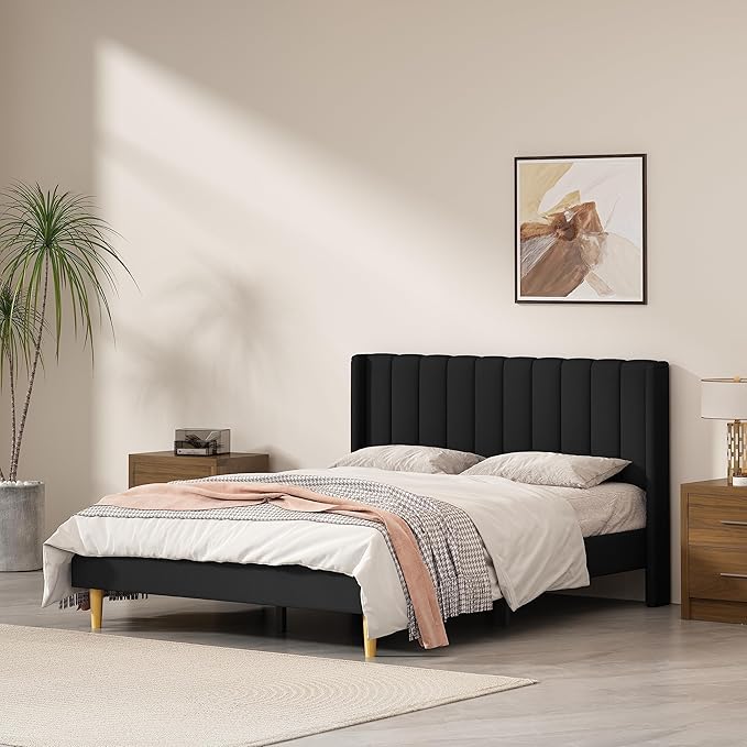 Queen Size Upholstered Platform Bed Frame with Modern Wingback & Vertical Panel Headboard, Linen Fabric, Wooden Legs & Slats Support, No Box Spring Needed, Noise-Free & Easy Assembly, Black