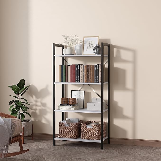 4-Tier Bookshelf, 47.2'' H Ladder Shelf, Industrial Bookcase, Wooden and Metal Storage Rack, Shelving Unit for Living Room Entryway Office, White Book Shelves, 24 * 11.8 * 47.2 inches