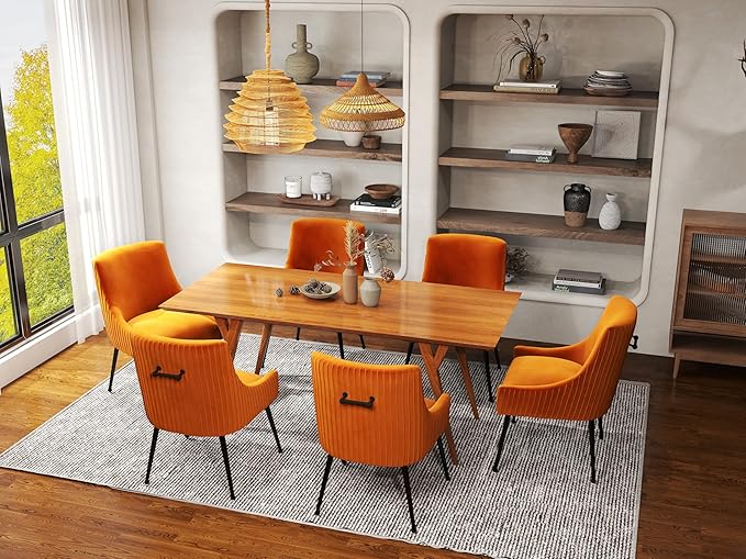 Velvet Dining Chairs Set of 4,Orange Upholstered Living Room Chairs with Black Metal Legs, Modern Tufted Accent Chairs for Living Room, Study Room, Kitchen