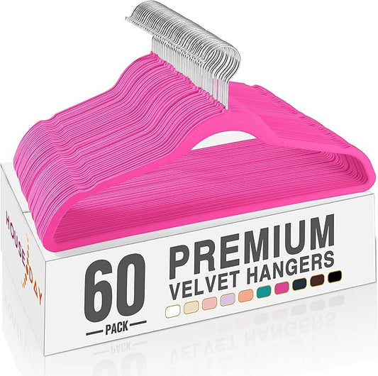 HOUSE DAY Rosy Red Velvet Hangers 60 Pack, Non Slip Clothes Felt Hanger Heavy Duty for Coat, Premium Slim Space Saving Suit Hangers for Closet Organizer, 360° Rotating Silver Hook