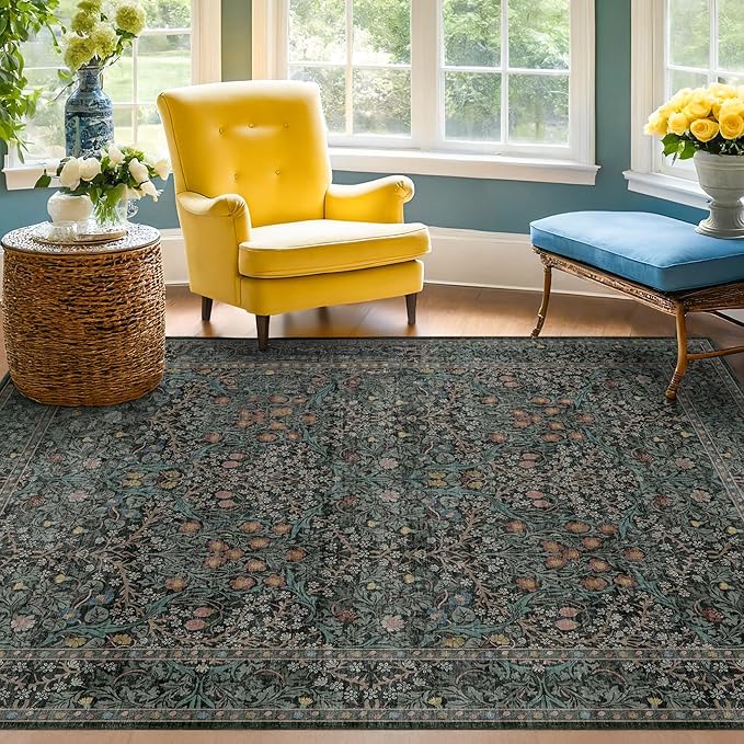 Washable Vintage 5x8 Living Room Rug, Dark Green Floral Area Rug for Bedroom Under Bed, Dining Room Under Small Dining Table, Office - Oriental Low Pile Non Slip & Stain Resistance (5x8 Dark Green)