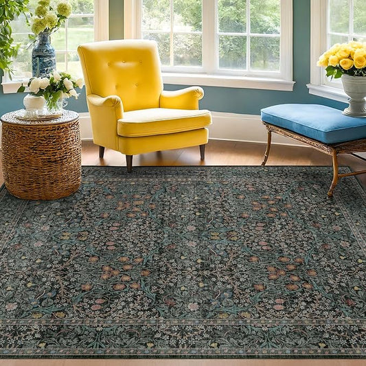 Washable Vintage 5x8 Living Room Rug, Dark Green Floral Area Rug for Bedroom Under Bed, Dining Room Under Small Dining Table, Office - Oriental Low Pile Non Slip & Stain Resistance (5x8 Dark Green)