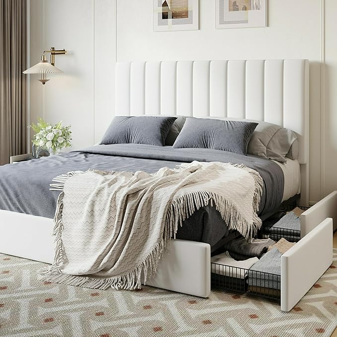 SHA CERLIN Full Size Platform Bed Frame with 4 Storage Drawers, Vertical Channel Tufted Adjustable Headboard, Velvet Upholstered, Wooden Slats Support, No Box Spring Needed, Easy Assembly, White