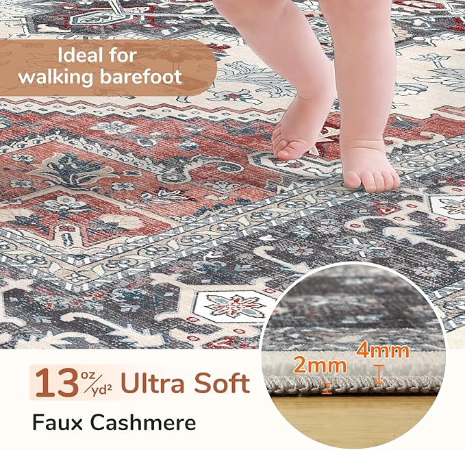 OPPODREAM Thin 10x14 Area Rugs, Washable Rugs 10x14 with Non Slip Backing, Low-Pile Faux Cashmere 10 x 14 Carpet, Black & Red