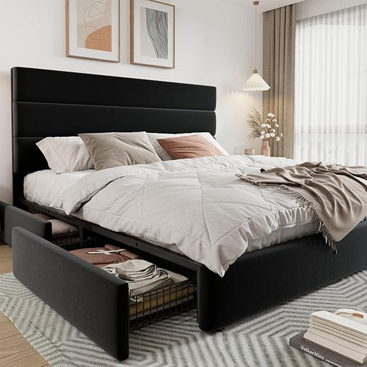 Allewie Modern King Size Platform Bed Frame with 4 Storage Drawers and Velvet Upholstered Headboard, Wooden Slats Support, Upholstered Mattress Foundation/No Box Spring Needed/Easy Assembly, Black