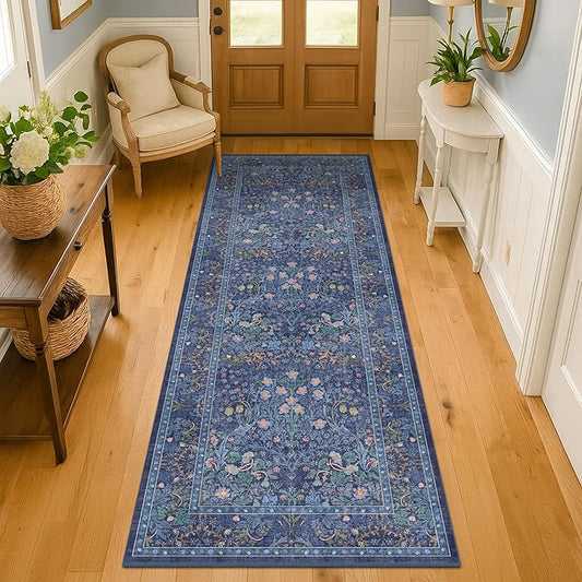 Dark Blue 2'6" x 8' Runners for Hallways Non Slip, Extra Long Floor Runner for Kitchen, Entryway Indoor, Washable Rubber Backing Stain Resistant - Vintage Navy Blue Floral Décor