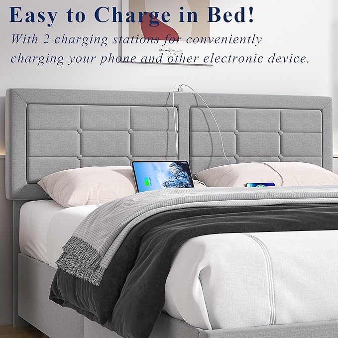 VECELO Full Size Bed Frame with 4 Drawers, Adjustable Tufted Button Headboard, Upholstered Platform with Wood Slats Support, Built-in USB and Type C Ports, Light Grey