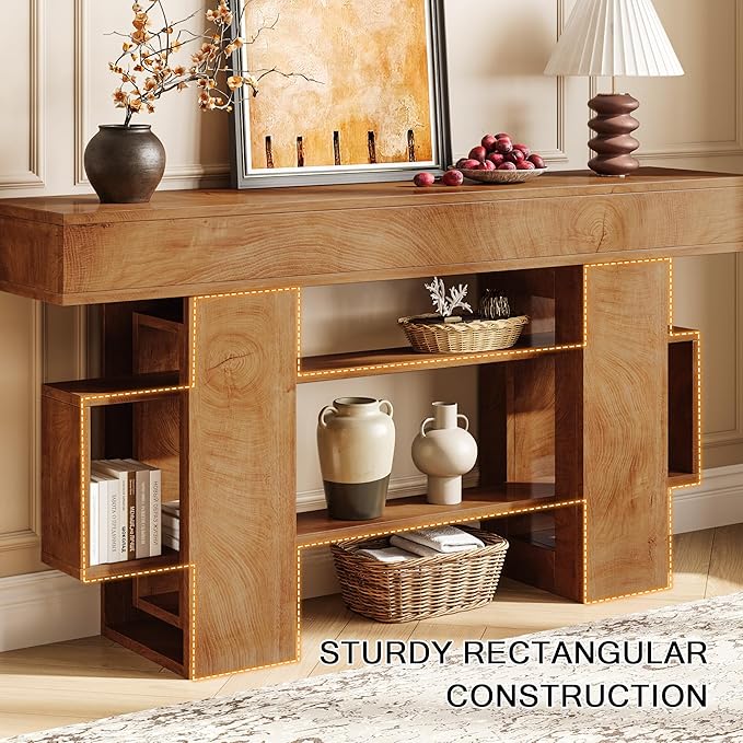 63 Inch Long Console Table for Entryway, Farmhouse Wooden Sofa Table Behind Couch with 3-Tier Storage Shelf, Narrow Entry Accent Table for Living Room, Hallway, Foyer, Natural