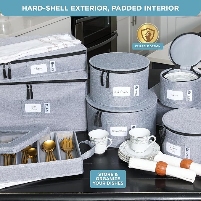 Hard Shell China Storage Containers 12-Piece Set Moving Boxes for Dinnerware, Glasses, Plates, Mugs and Saucers Sturdy Dish Organizer with Dividers for Seasonal Storage - Service for 12 - Grey