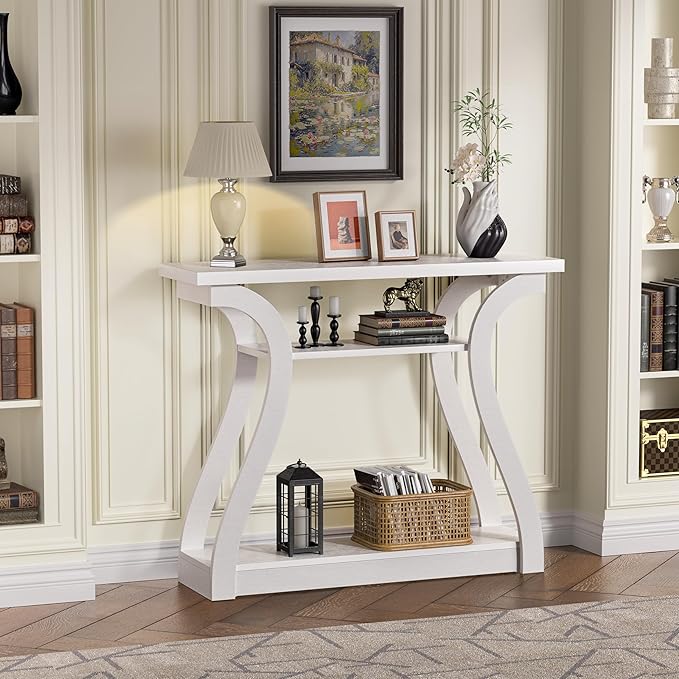 Wooden Console Table with Curved Legs and Shelf, 3-Tier Modern Accent Sofa Table for Entrance Area, Living Room, Hallway, 47 in Wide (White)