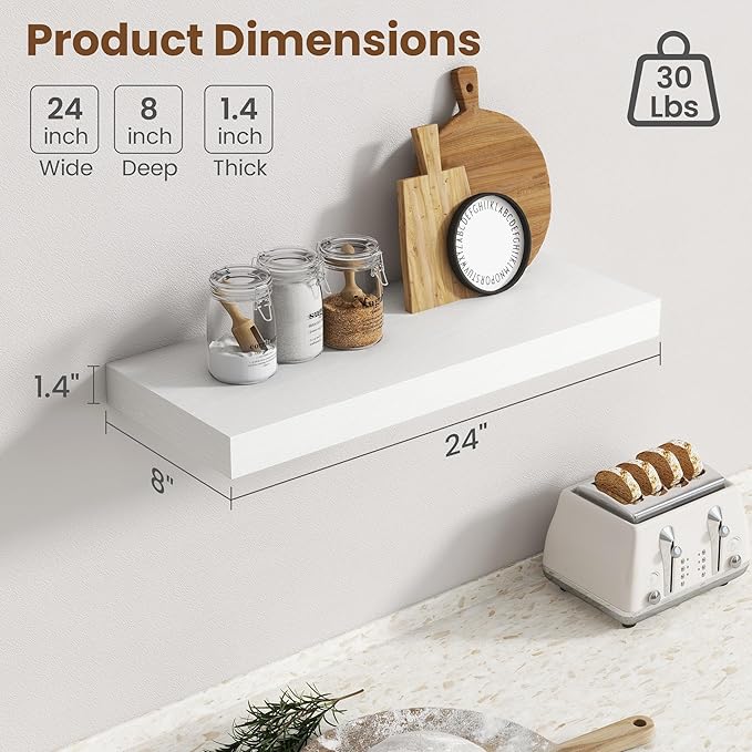 24 Inch Floating Shelves for Wall, 8 Inch Deep Floating Shelf for Storage & Display, Rustic Wall Mounted Shelf with Invisible Brackets for Living Room, Kitchen, Bathroom, Home Decor, Set of 2, White