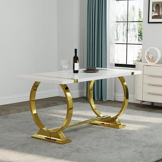 Asday Modern Dining Table with Gold Stainless Steel Metal U-Base in White Gold