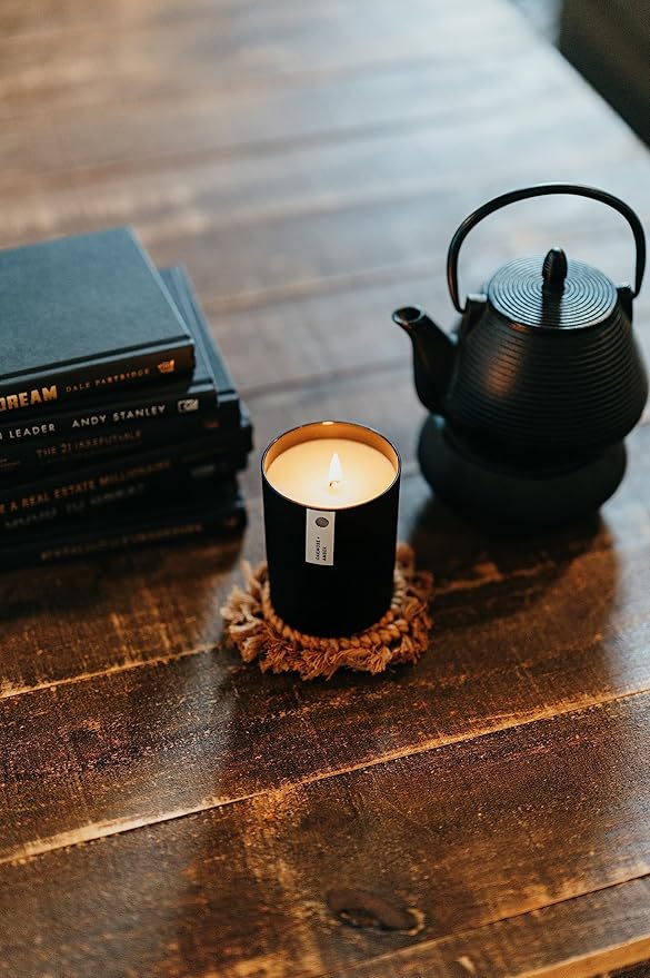 Calyan Wax Co. Smoke & Leather Scented Candle - 75 Hour Burn - Luxury Non Toxic Soy Wax Candles - Long Lasting Black Tumbler Jar Candle for Home - 10.2oz