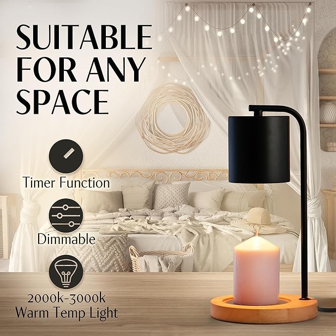 Candle Warmer Lamp with Timer and Dimmer & Includes 2 Bulbs, Electric Wax Candle Lamp Warmer for Jar Candles, Home Decor Aesthetic, and House Warming Gifts - Black Wood