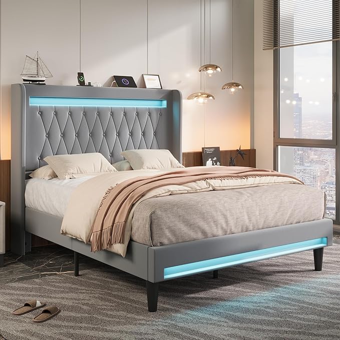 Allewie Upholstered Full Size Platform Bed Frame with LED Light and Charging Station, Button Tufted High Headboard, Wingback Design, Noise Free, Easy Assembly, No Box Spring Needed, Grey