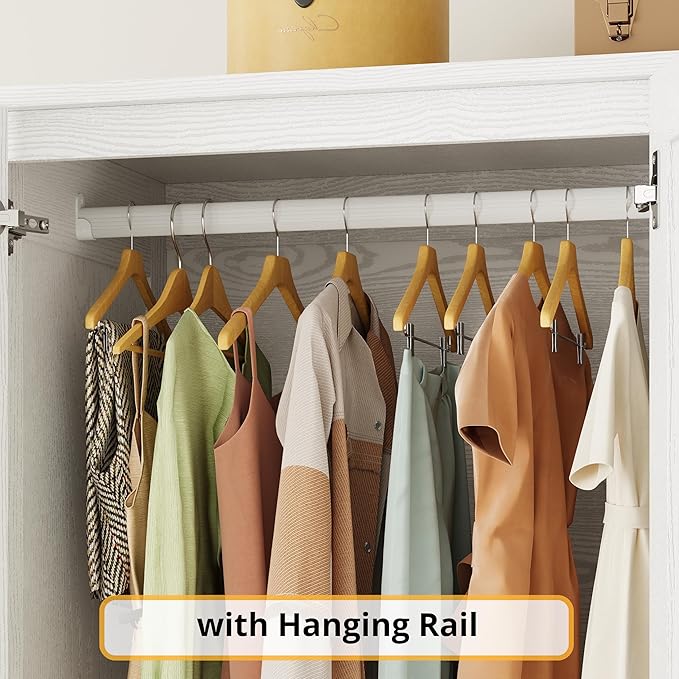 LIKIMIO Armoire Wardrobe Closet 70" H, 5 Doors Bedroom Wooden Wardrobe with 4 Storage Shelves and Hanging Rod, Clothing Storage Cabinet Organizer Combination, White