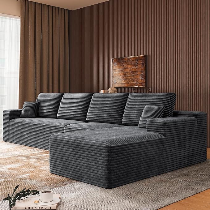 3-Piece Boneless Modular Sectional Sofa, Cloud Couch with Right Facing Chaise, Oversized Deep Seat, Soft Corduroy Fabric, Sectional Couch for Living Room-Grey