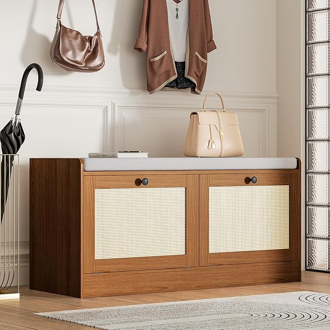 MHOM Rattan Shoe Bench for Entryway, Hallway and Bedroom - Boho Bench with Storage Cabinets and Seat Cushion - Wooden Storage Bench Fits up to Size 16, Brown