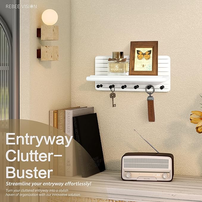 Rebee Vision Decorative Key Holder Wall Mount for Home Organization – 11-inch Pine Wooden Key Holder for Wall with 6 Hooks & Floating Shelf - Modern Farmhouse Home Decor (White)