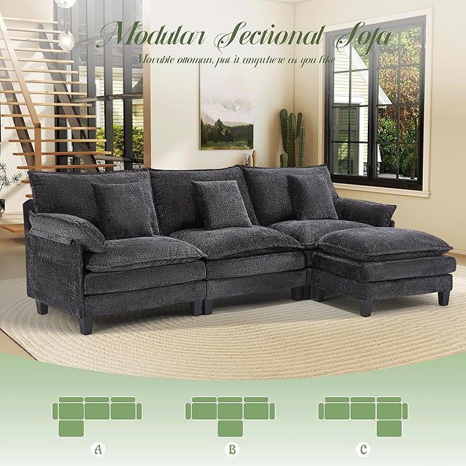 Comfy Chenille Cloud Couch with Movable Ottoman, Modular Sectional Sofa, 106" L Shaped Modern Sofa with Pillows, Deep Seat Couches for Living Room, Bedroom and Apartment, Black