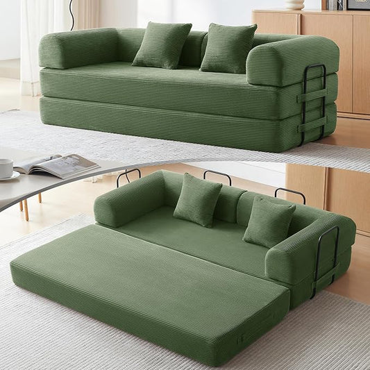 Convertible Floor Sofa Bed with Fixed-Shape Frame, King Size Floor Sleeper 5-in-1 DIY Combination Modular Sofa, Modular Chenille Folding Mattress Couch for Living Room Bedroom Playroom (Green)