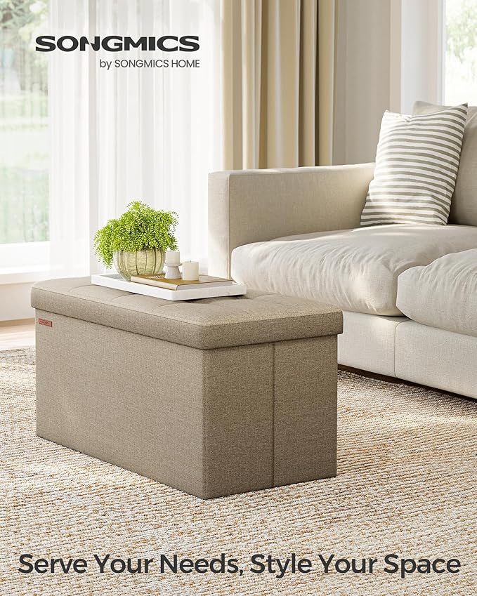 SONGMICS Mazie Collection - 30 Inches Folding Storage Ottoman Bench, Ottoman Foot Rest, End of Bed Bench, Storage Chest, Load 660 lb, for Living Room, Bedroom, Entryway, Camel Brown ULSF047R01