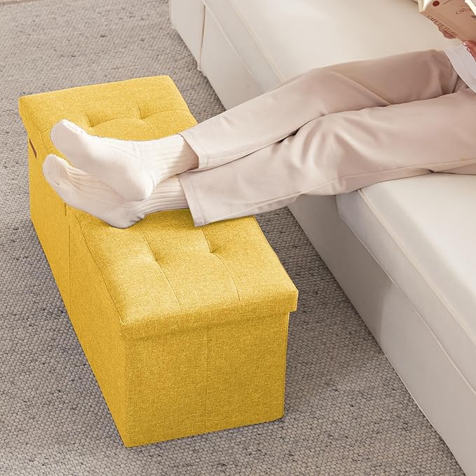 HAUSFRAU 31.5 Inches Ottoman with Storage Bench, Folding Ottoman Bench Small Foot Rest Stool, Bedroom Bench with Flipping Lid, Linen Yellow