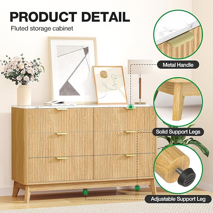 47" Wide Storage Cabinet, Fluted Chest of Drawers with Curved Edges, Wooden Buffet Cabinet with 6 Drawers, Modern Credenza with Faux Marble Top for Living Room, Hallway, Natural