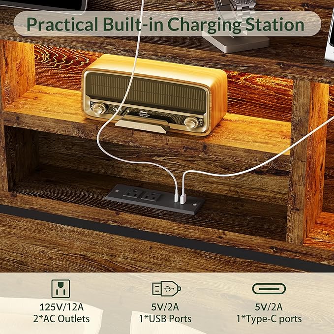 LARMACE King Size Bed Frame with 6 Storage Drawers and Headboard Wooden Platform Bed Frame with LED Lights and Charging Station Easy Assembly/No Box Spring Needed/Vintage Brown