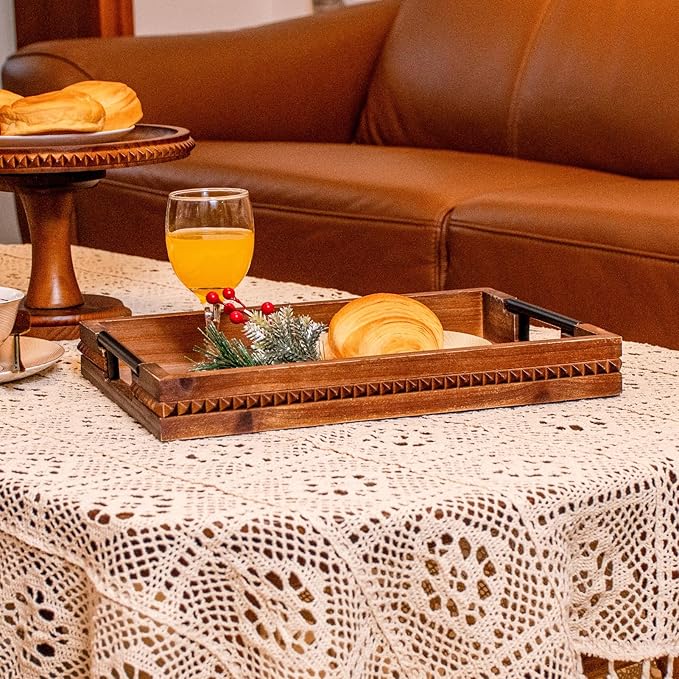 Rustic Wood Serving Tray with Handle Brown Rectangular Decorative Trays Farmhouse Charcuterie Boards Platter for Food, Fruit, and Coffee Great for Bed, Living, Coffee Table, Kitchen and Party