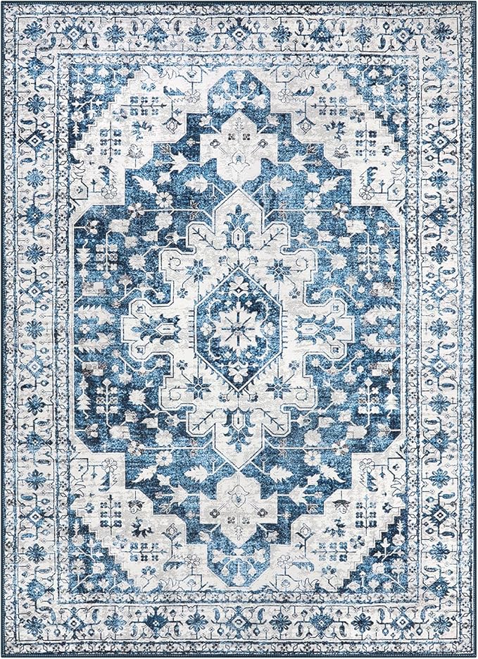 Moynesa Ultra-Thin Vintage 8x10 Area Rugs - Blue Bedroom Rugs for Living Room Non-Slip Stain Resistant, Printed Oriental Playroom Mat Indoor Floor Carpet for Dining Table Office Decor