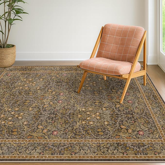 Vintage Brown 4x6 Area Rugs for Large Entryway, Bedroom Beside Rug, Kitchen, Mudroom, Non-Slip Low Pile Ultra Soft Stain Resistant Small Floral Carpet
