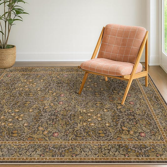 Vintage Brown 4x6 Area Rugs for Large Entryway, Bedroom Beside Rug, Kitchen, Mudroom, Non-Slip Low Pile Ultra Soft Stain Resistant Small Floral Carpet