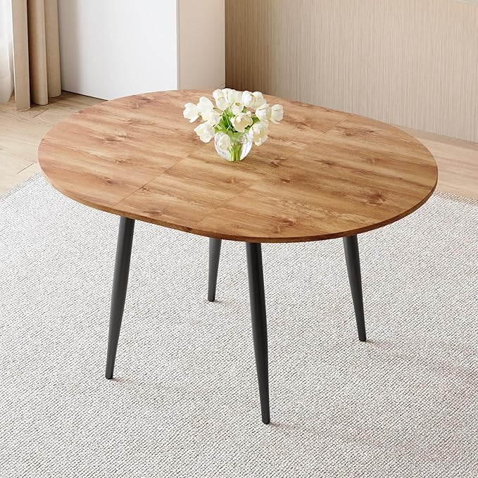 42" Round Dining Table for 4, 54" Oval Dining Table for 6, Extendable Kitchen & Dining Room Table with Metal Legs, Modern Rustic Space-Saving Adjustable Shape Dinner Table, Easy Assembly,White