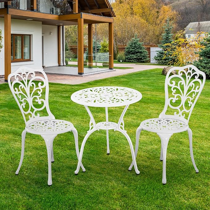 Patio Bistro Sets, Cast Aluminum Bistro Table and Chairs Set of 2 with Umbrella Hole, Bistro Set 3 Piece Outdoor, Metal Patio Furniture Set for Garden Porch, White