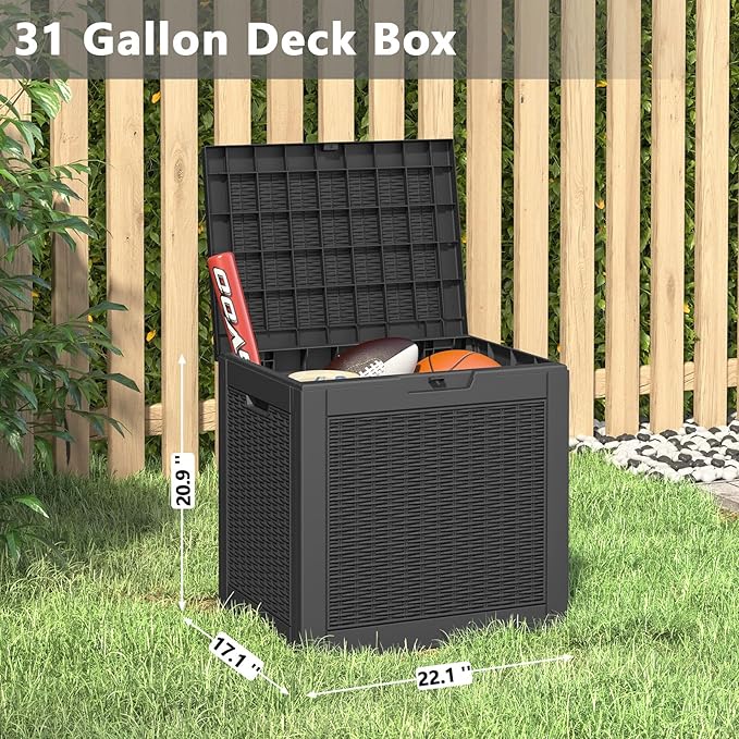 Outdoor Storage Box, Resin Deck Boxes Indoor and outdoor, Waterproof Storage Box Lockable Lid (Black, 31 Gallon)