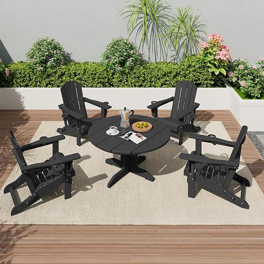 SERWALL 5-Piece Outdoor Round Coffee Table Set - 1 Table & 4 Adirondack Chairs with Cup Holders (Black)
