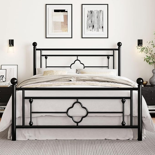 SHA CERLIN 14 Inches Queen Size Metal Platform Bed Frame/Vintage Iron-Art Headboard and Footboard/Mattress Foundation for Storage/No Box Spring Needed/Noise-Free/Easy Assembly/Black