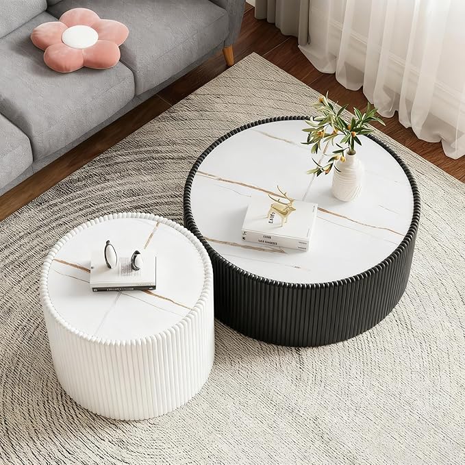 Round Coffee Table Set with Sintered Stone Tabletop, 29.52" Black Drum Center Table and 17.71" White Coffee Table Set, 2 Pieces Living Room Table Set with Fluted PU Leather Cover& Stable Base