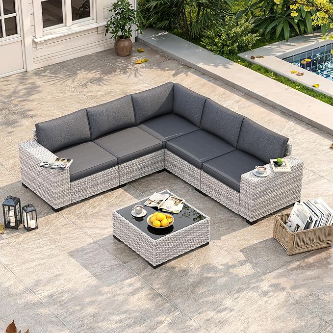 6 Piece Outdoor Sectional Sofa Set, 5-Seats Patio Wicker Conversation Set with 4" Thickened Cushions & Coffee Table, All-Weather PE Rattan for Garden, Backyard, Porch, Black