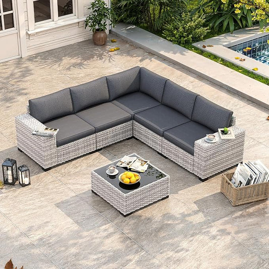 6 Piece Outdoor Sectional Sofa Set, 5-Seats Patio Wicker Conversation Set with 4" Thickened Cushions & Coffee Table, All-Weather PE Rattan for Garden, Backyard, Porch, Black