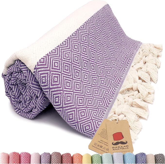 Bazaar Anatolia Turkish Beach Towel – 100% Cotton, Quick Dry, Sand Free Towel for Bathroom, Camping, Travel – Oversized 71x39 Inches – Diamond Purple